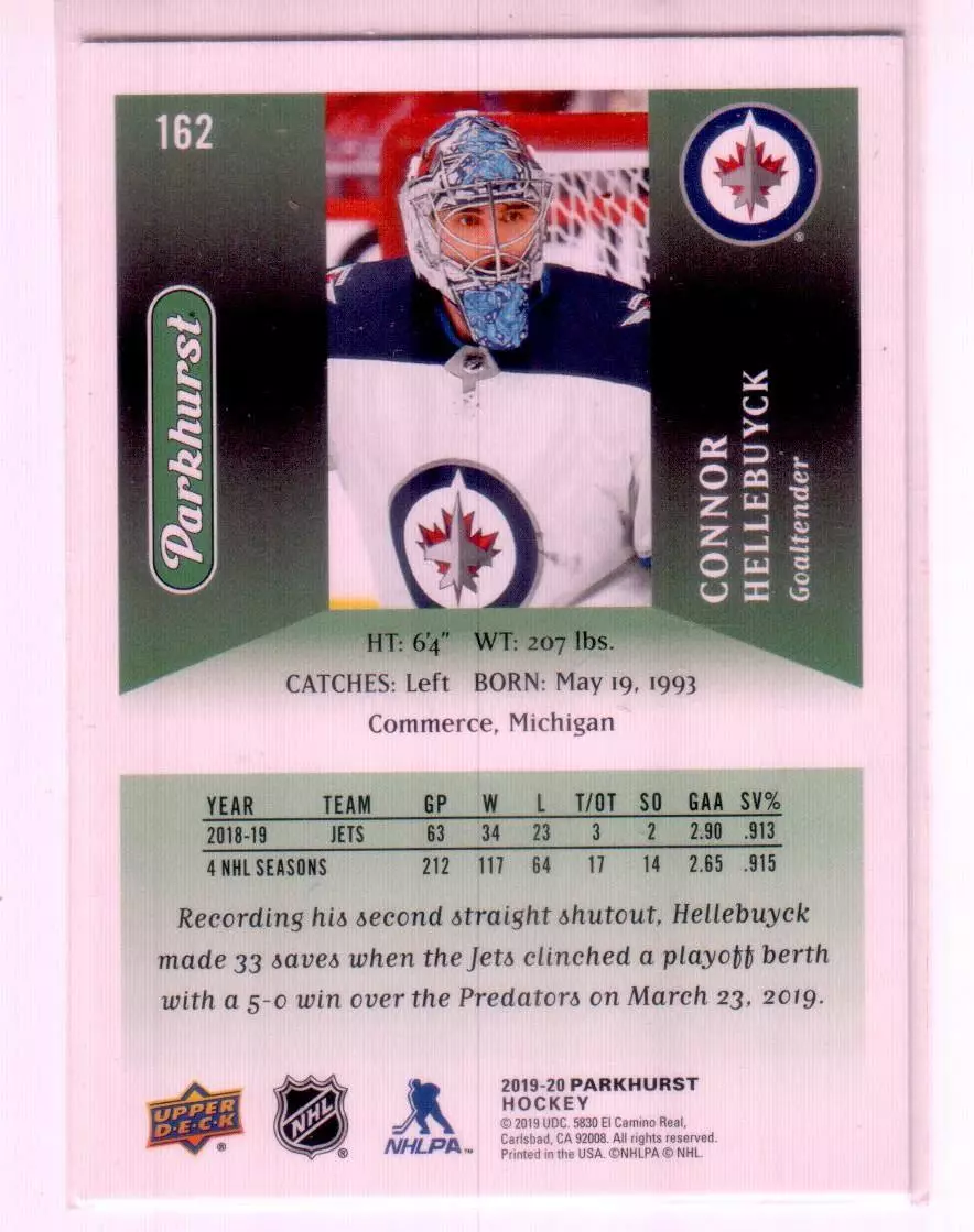 2019-20 Parkhurst #162 Connor Hellebuyck 1