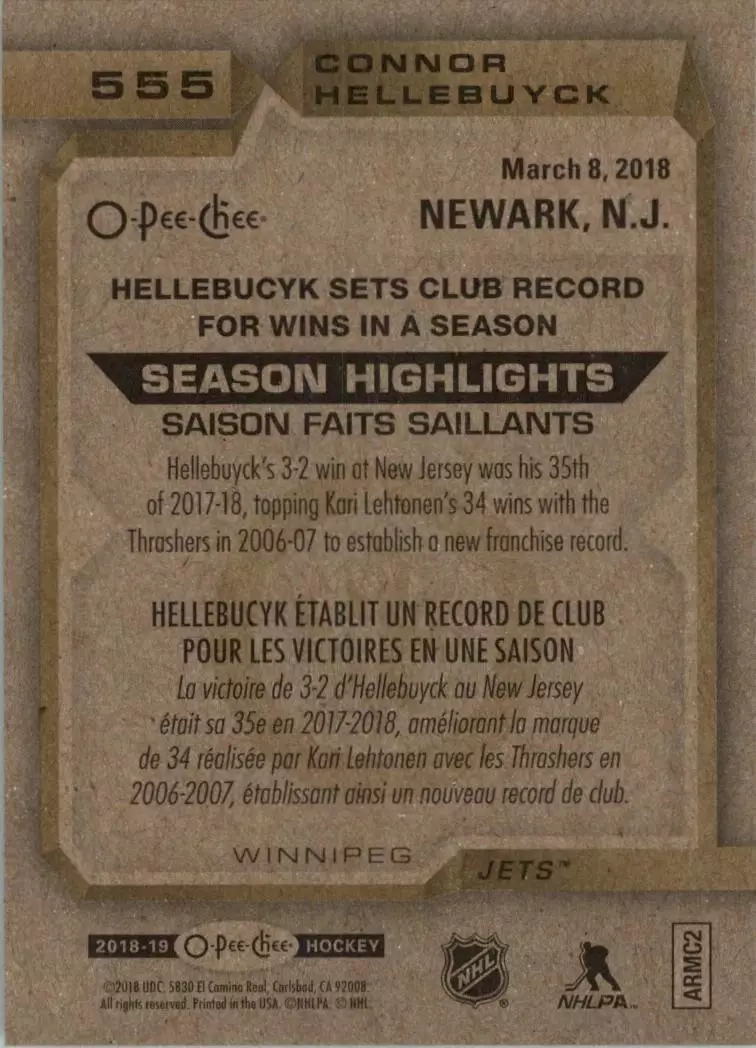 2018-19 O-Pee-Chee #555 Connor Hellebuyck SH 1