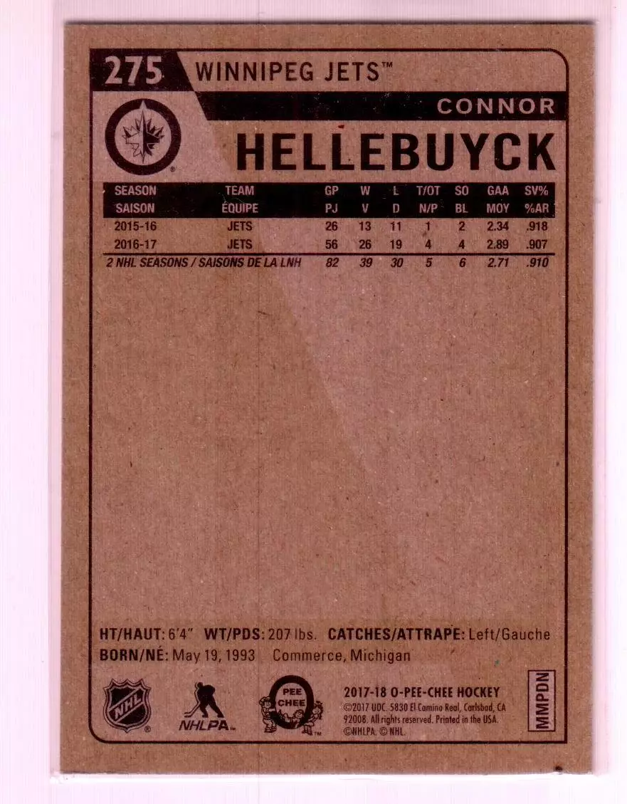 2017-18 O-Pee-Chee Retro #275 Connor Hellebuyck 1