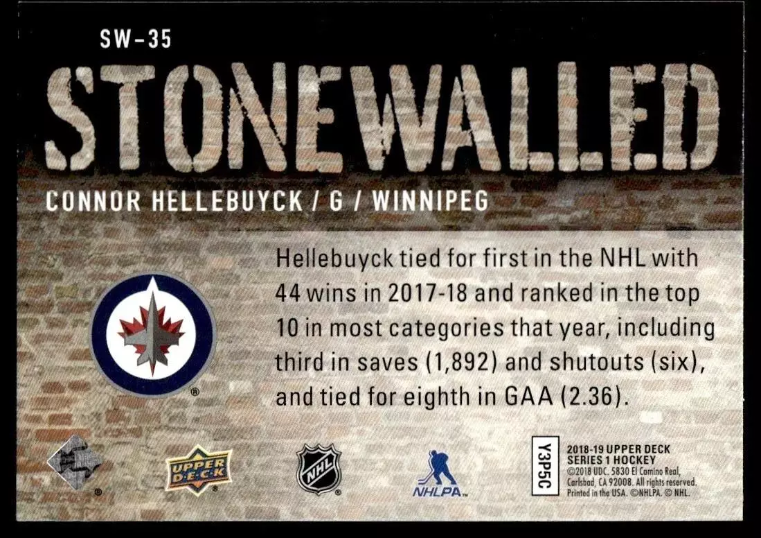 2018-19 Upper Deck Stonewalled #SW35 Connor Hellebuyck 1