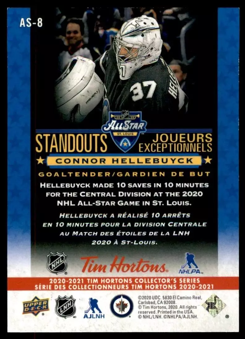 2020-21 Upper Deck Tim Hortons All Star Standouts #AS8 Connor Hellebuyck 1
