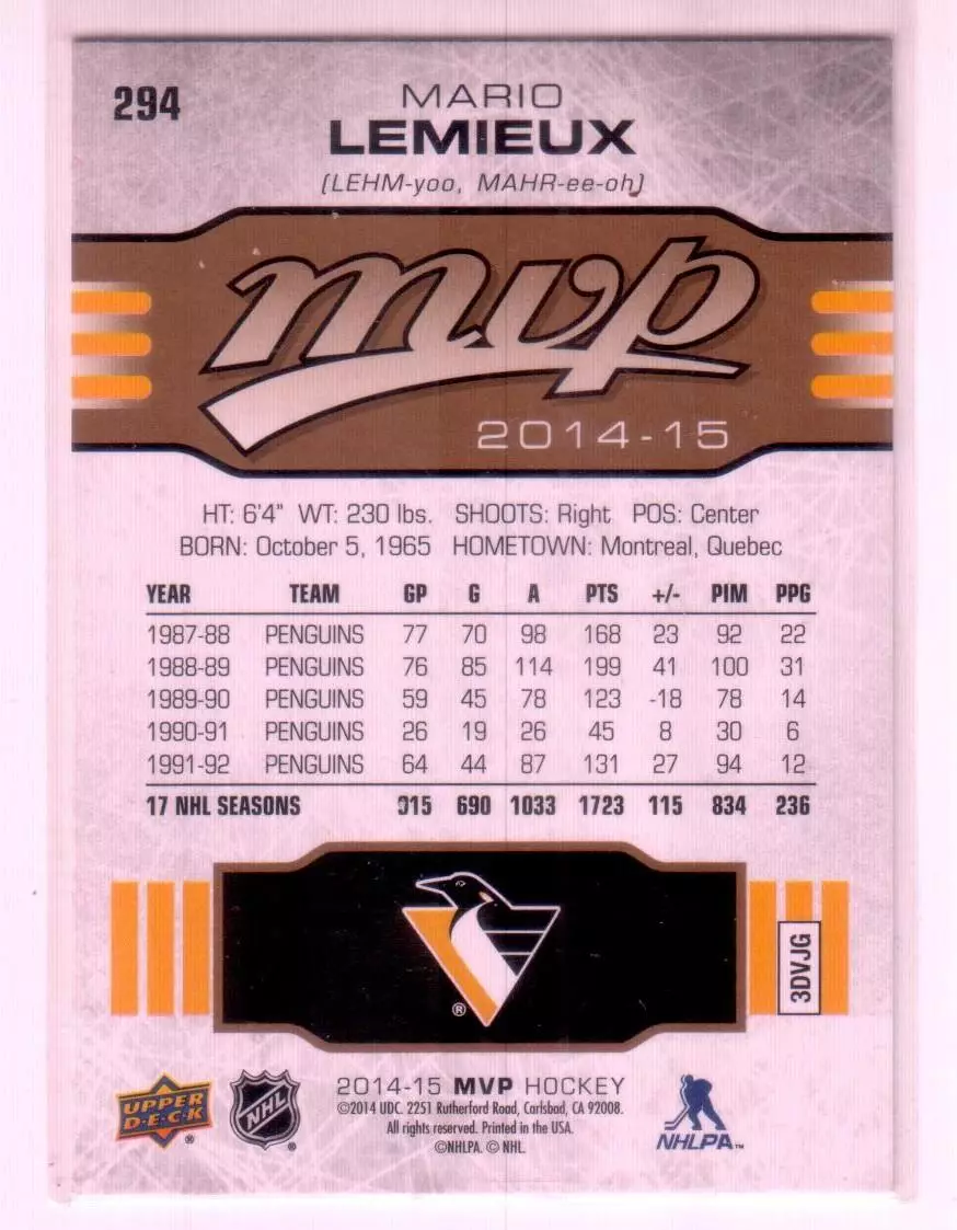2014-15 Upper Deck MVP #294 Mario Lemieux SP 1