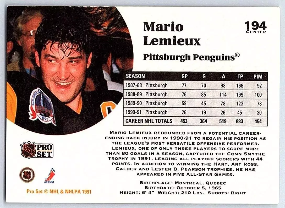 1991-92 Pro Set #194 Mario Lemieux 1