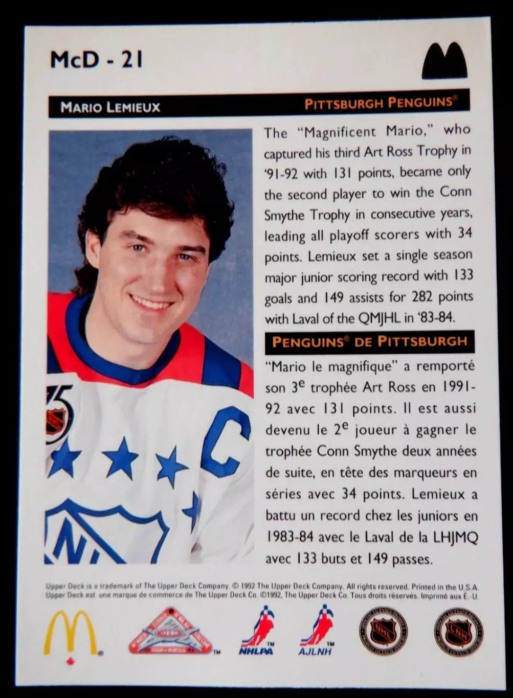 1992-93 McDonald's Upper Deck #21 Mario Lemieux 1