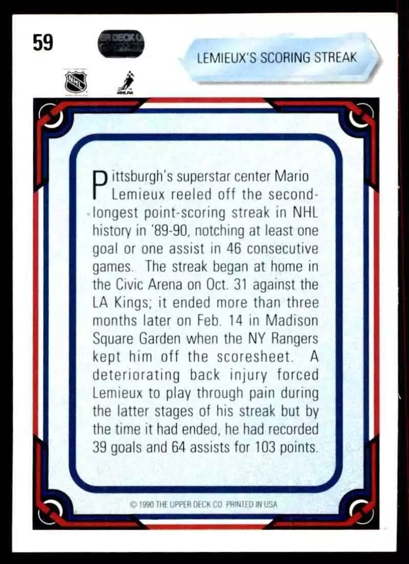 1990-91 Upper Deck #59 Mario Lemieux Streak 1