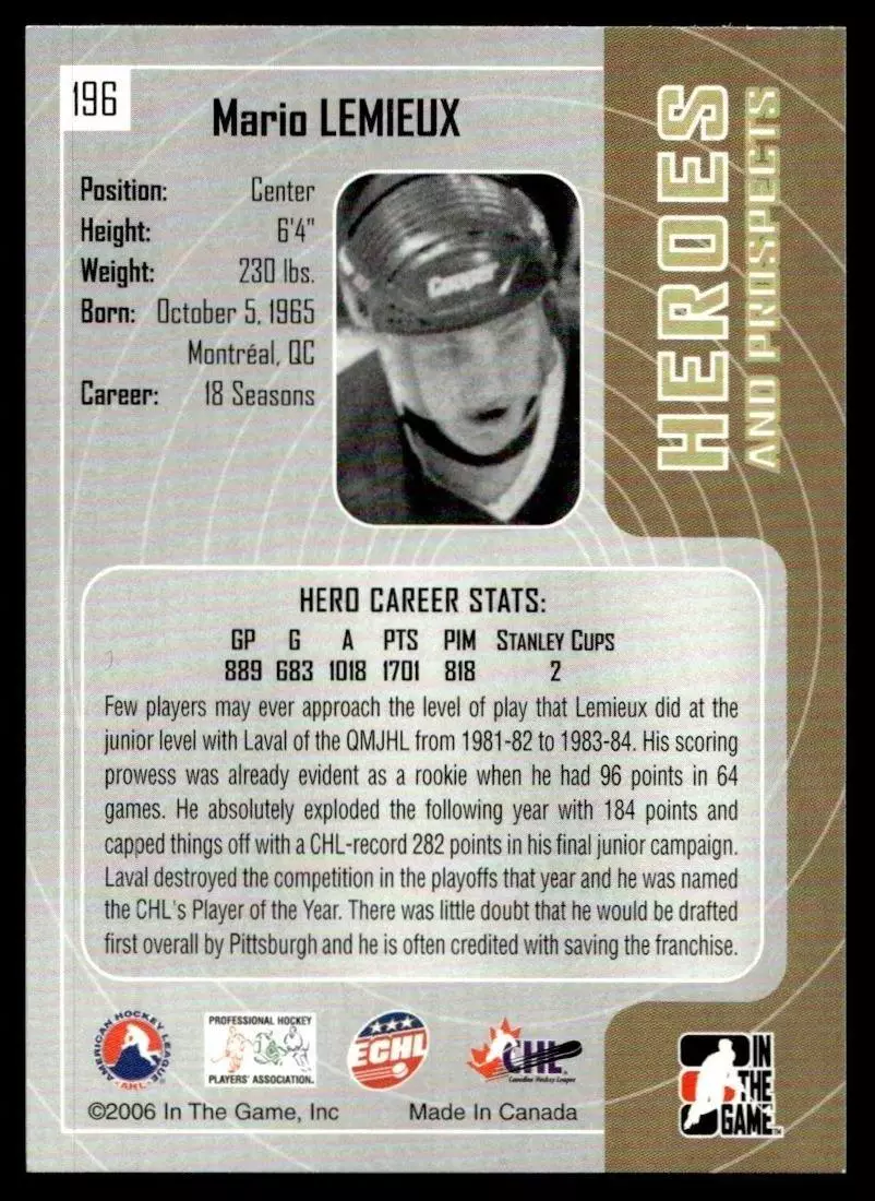2005-06 ITG Heroes and Prospects #196 Mario Lemieux 1