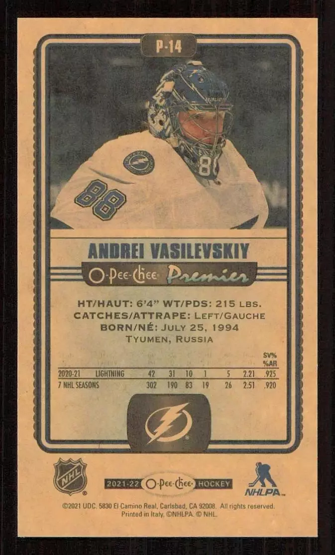 2021-22 O-Pee-Chee OPC Premier Tallboys #P14 Andrei Vasilevskiy 1