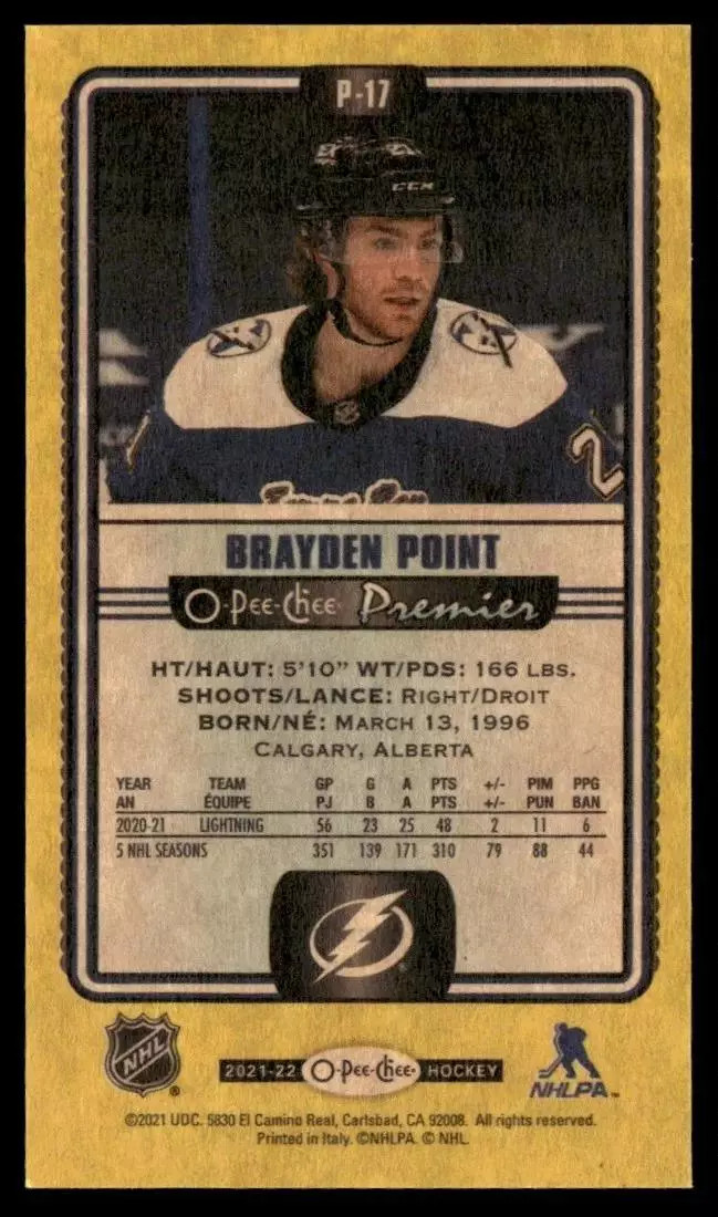 2021-22 O-Pee-Chee OPC Premier Tallboys Yellow #P17 Brayden Point 1