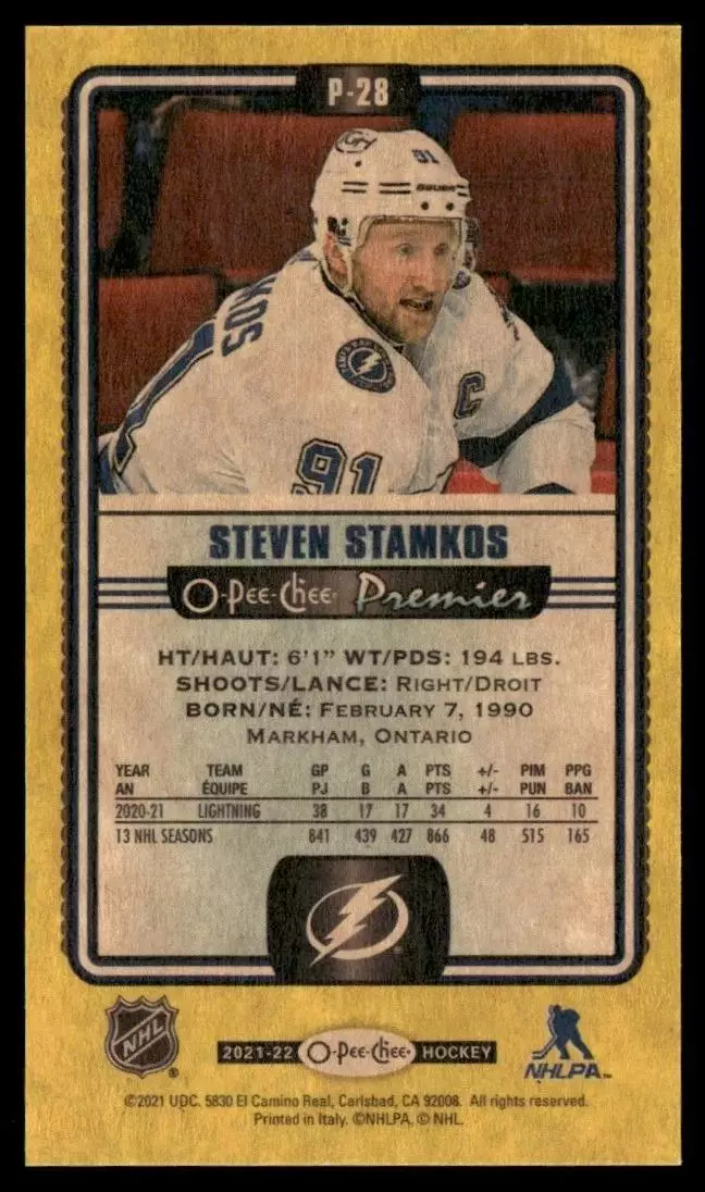2021-22 O-Pee-Chee OPC Premier Tallboys Yellow #P28 Steven Stamkos 1