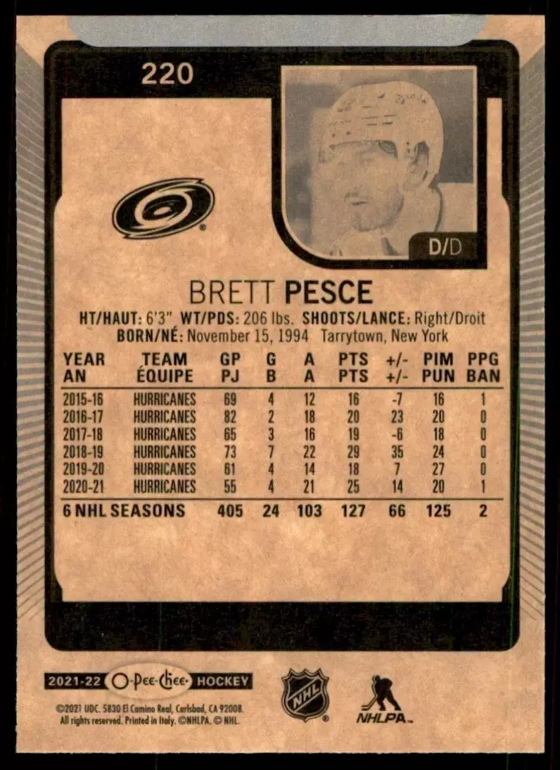 2021-22 O-Pee-Chee #220 Brett Pesce 1