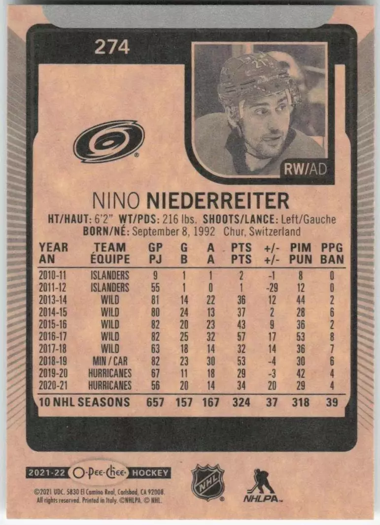 2021-22 O-Pee-Chee #274 Nino Niederreiter 1