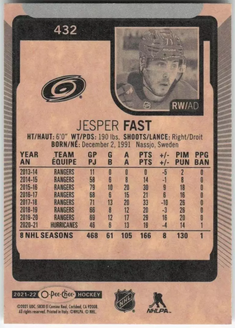 2021-22 O-Pee-Chee #432 Jesper Fast 1