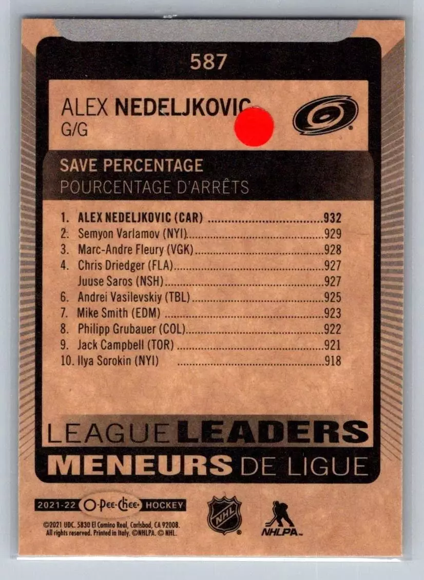 2021-22 O-Pee-Chee #587 Alex Nedeljkovic 1