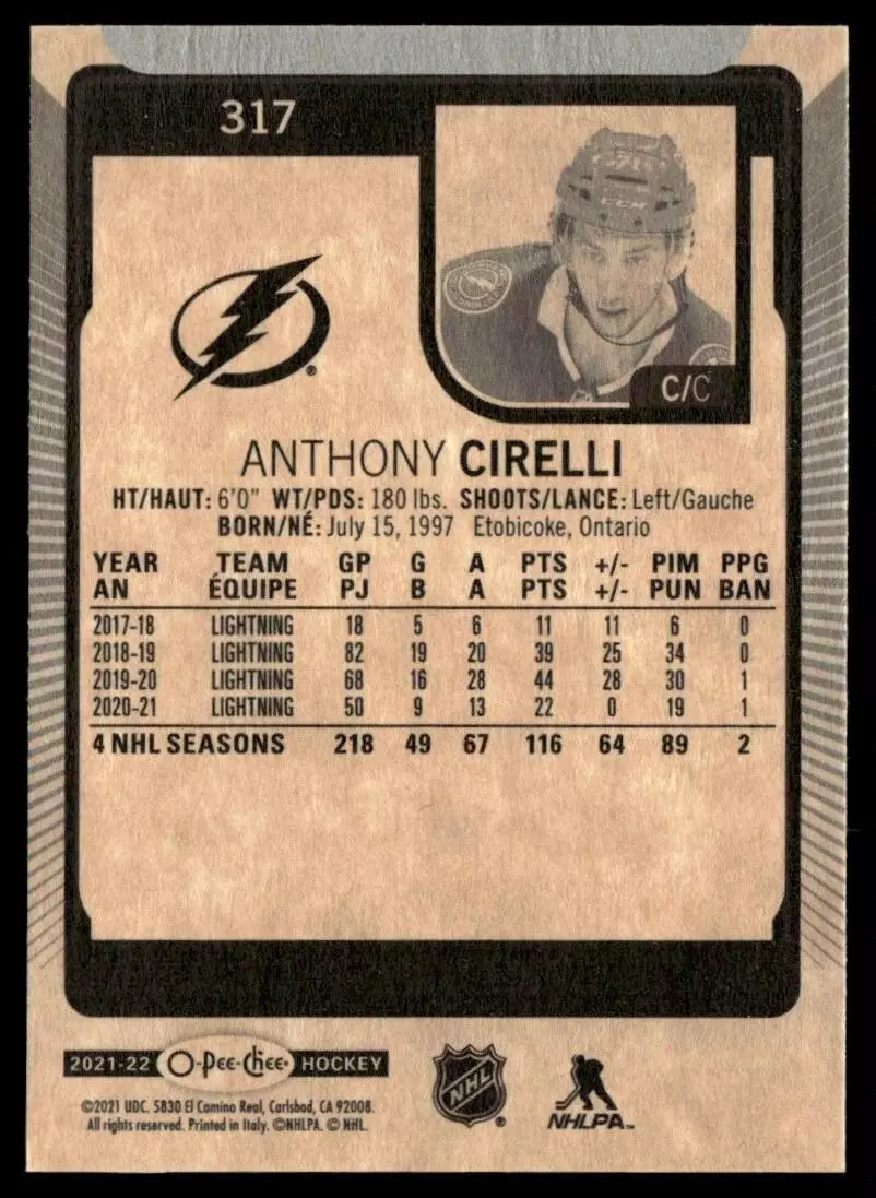 2021-22 O-Pee-Chee #317 Anthony Cirelli 1