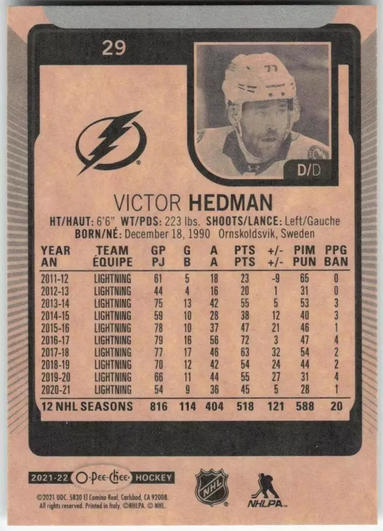 2021-22 O-Pee-Chee #29 Victor Hedman 1