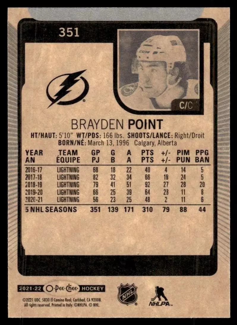 2021-22 O-Pee-Chee #351 Brayden Point 1