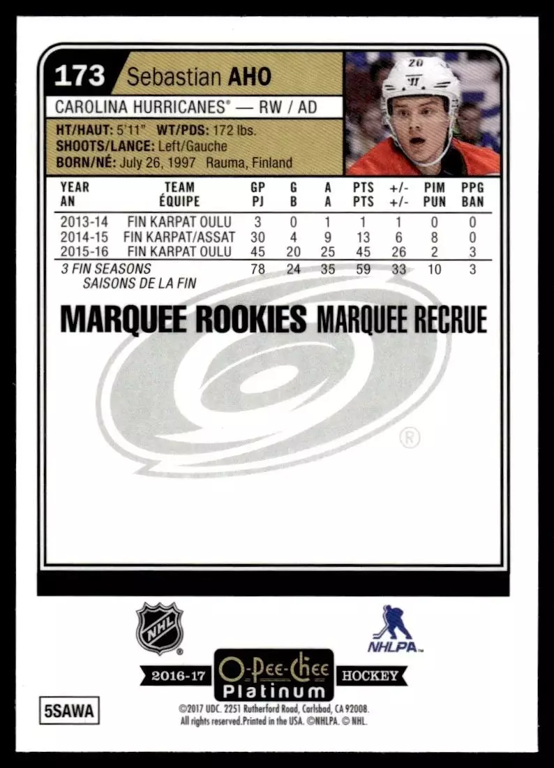 2016-17 O-Pee-Chee Platinum #173 Sebastian Aho RC 1