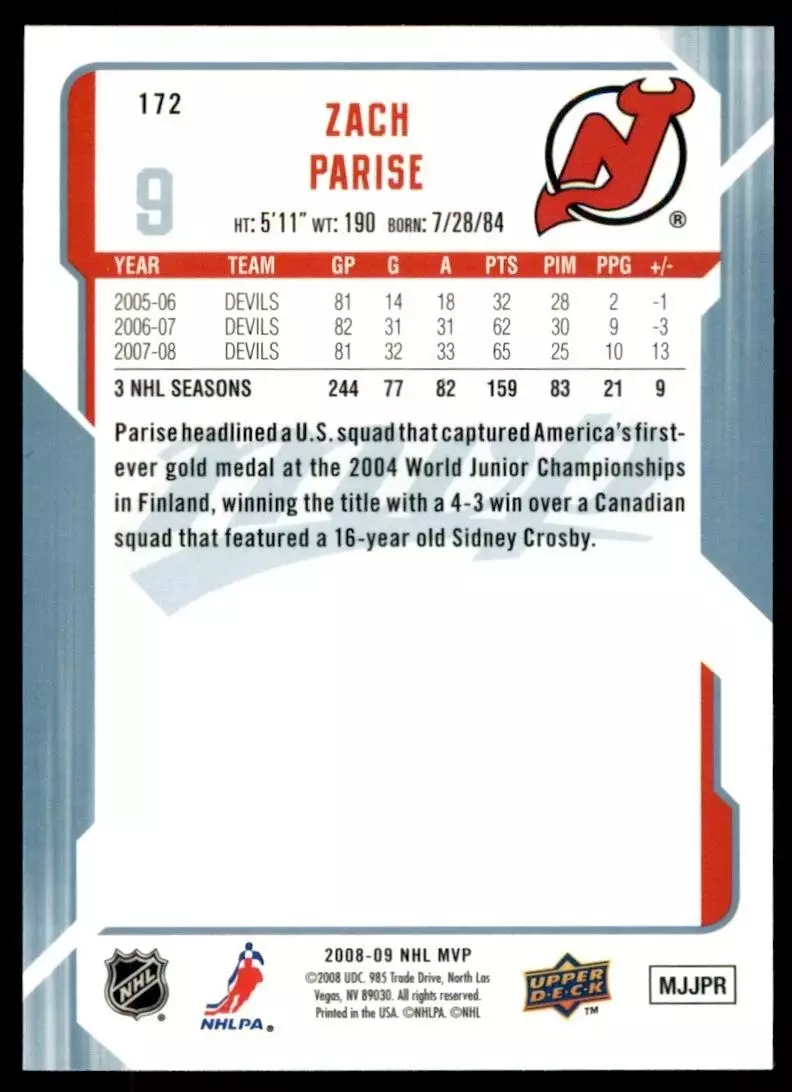 2008-09 Upper Deck MVP #172 Zach Parise 1