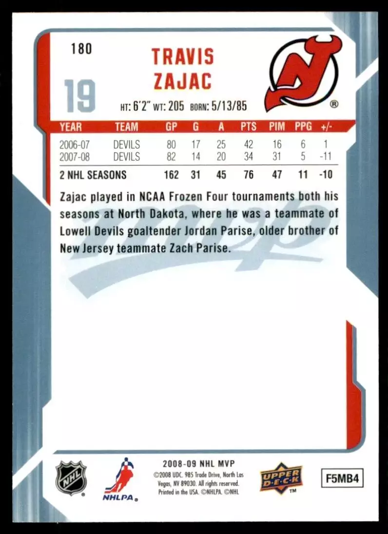 2008-09 Upper Deck MVP #180 Travis Zajac 1