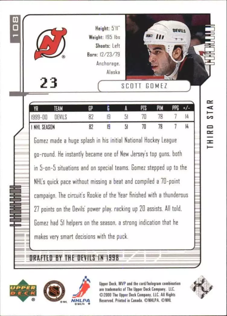 2000-01 Upper Deck MVP Third Stars #108 Scott Gomez 1