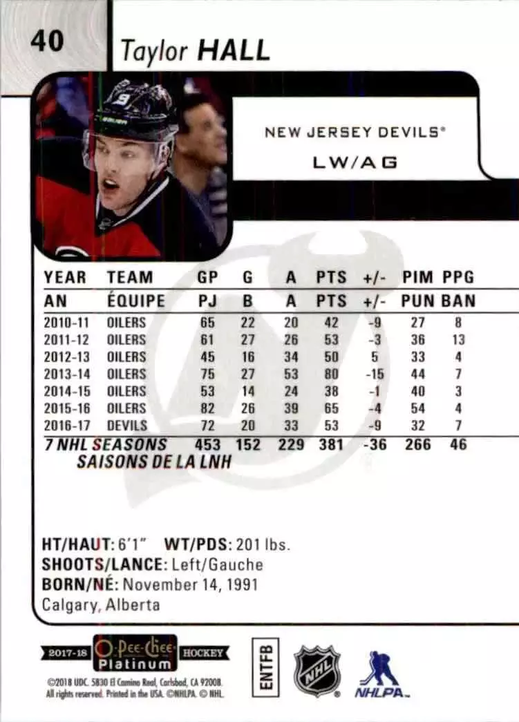 2017-18 O-Pee-Chee Platinum #40 Taylor Hall 1