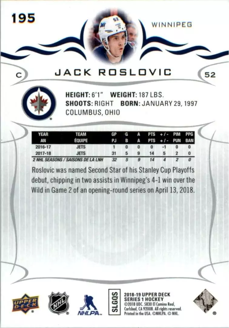 2018-19 Upper Deck #195 Jack Roslovic 1
