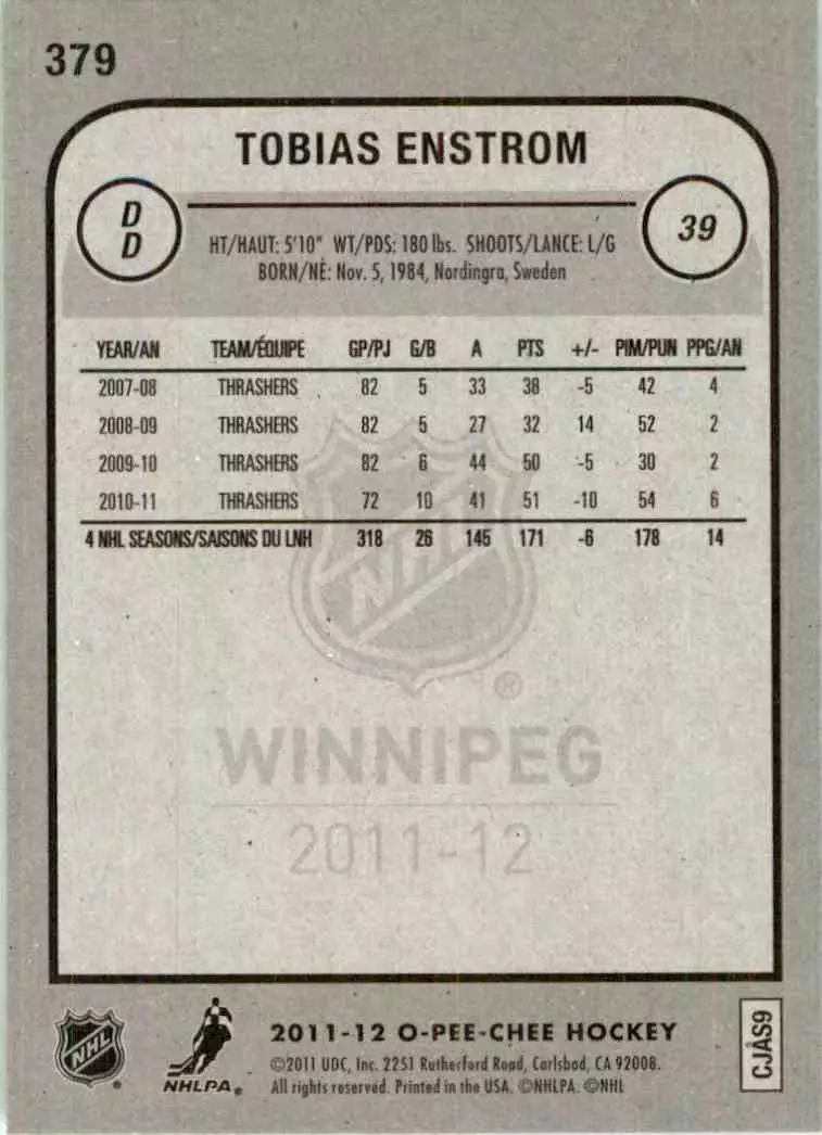 2011-12 O-Pee-Chee #379 Tobias Enstrom 1
