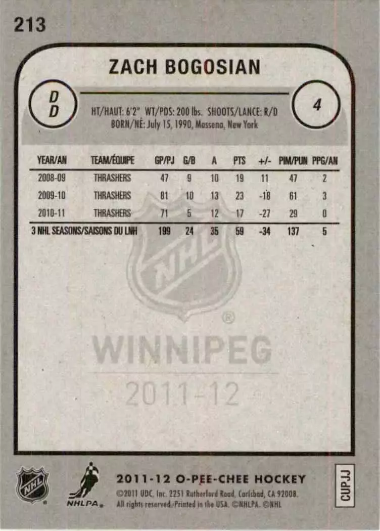 2011-12 O-Pee-Chee #213 Zach Bogosian 1