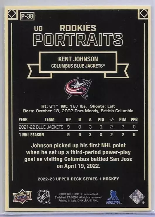2022-23 Upper Deck UD Portraits #P38 Kent Johnson SP 1