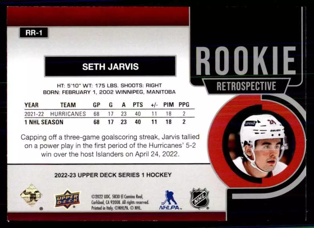 2022-23 Upper Deck Rookie Retrospective #RR1 Seth Jarvis 1