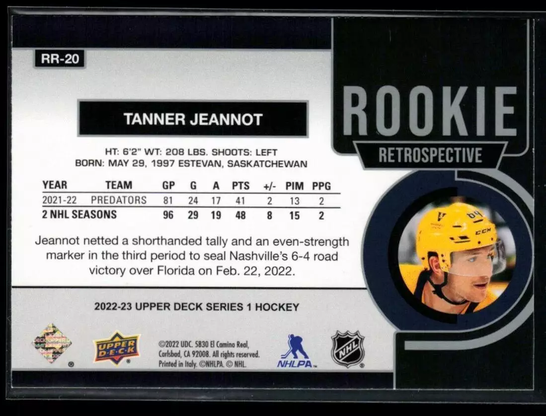 2022-23 Upper Deck Rookie Retrospective #RR20 Tanner Jeannot 1