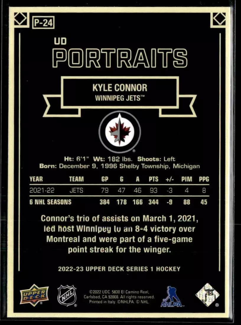2022-23 Upper Deck UD Portraits #P24 Kyle Connor 1