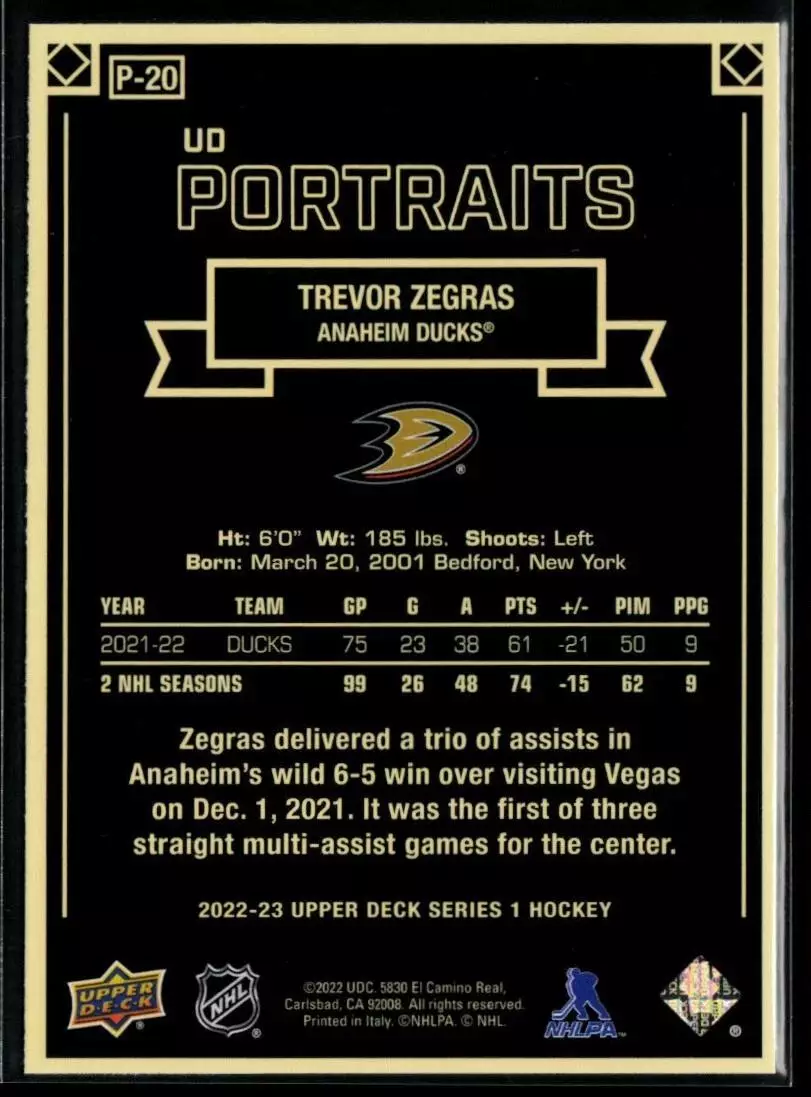 2022-23 Upper Deck UD Portraits #P20 Trevor Zegras 1