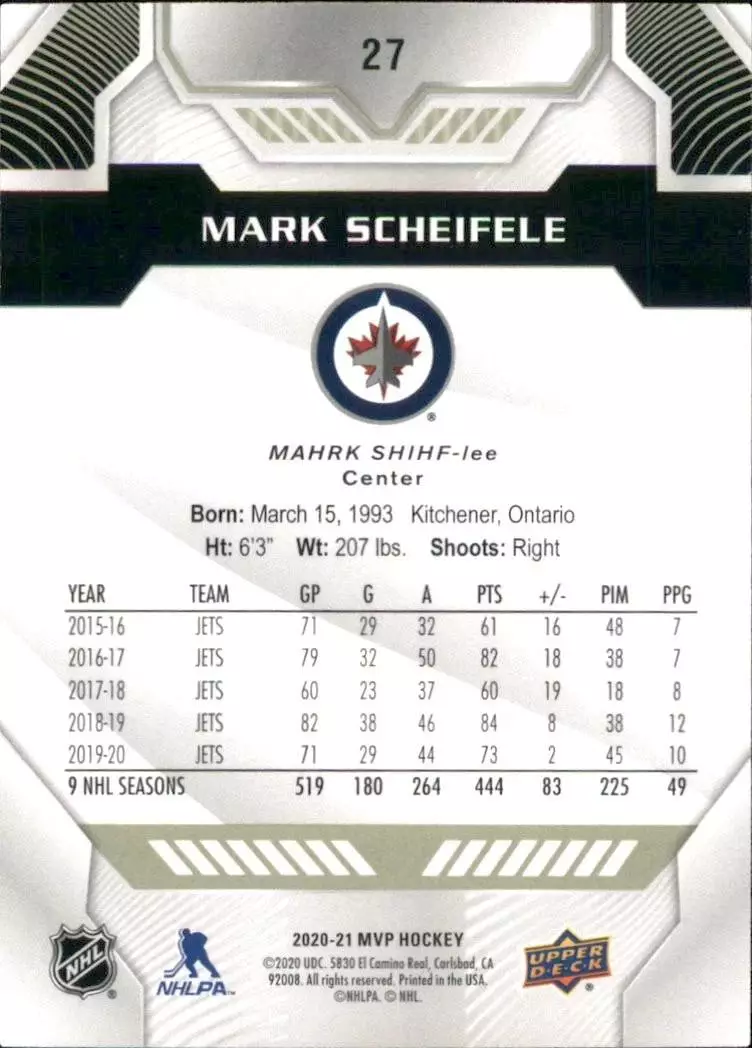 2020-21 Upper Deck MVP #27 Mark Scheifele 1