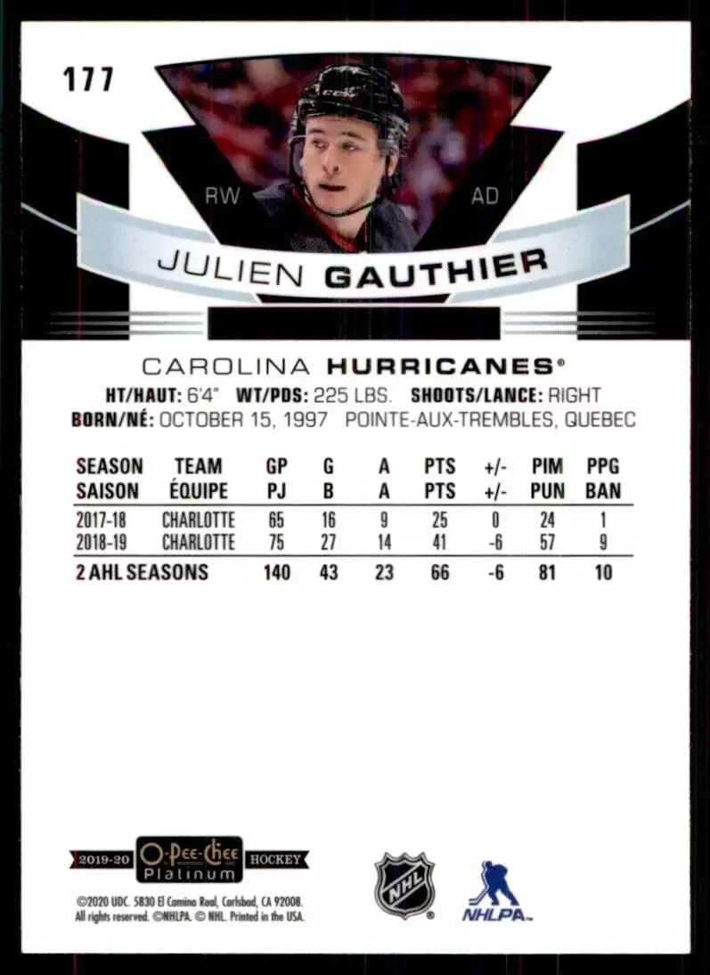 2019-20 O-Pee-Chee Platinum #177 Julien Gauthier RC 1