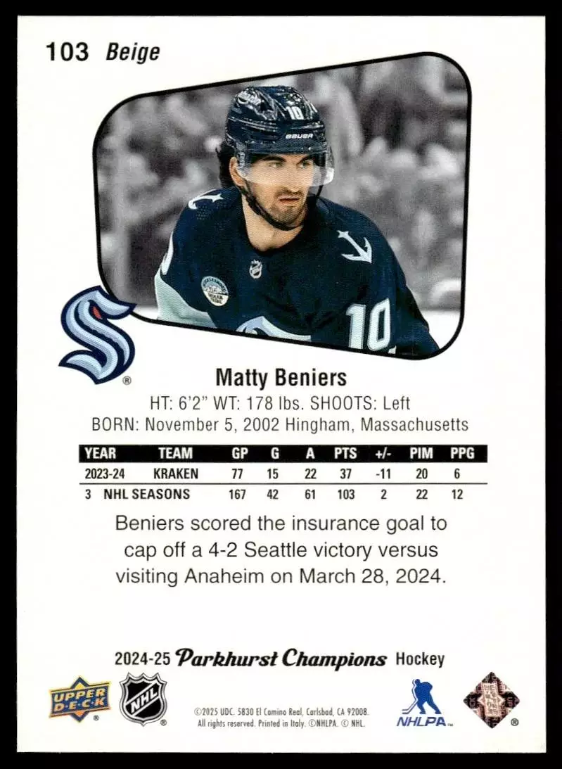 2024-25 Parkhurst Champions #103 Matty Beniers 1