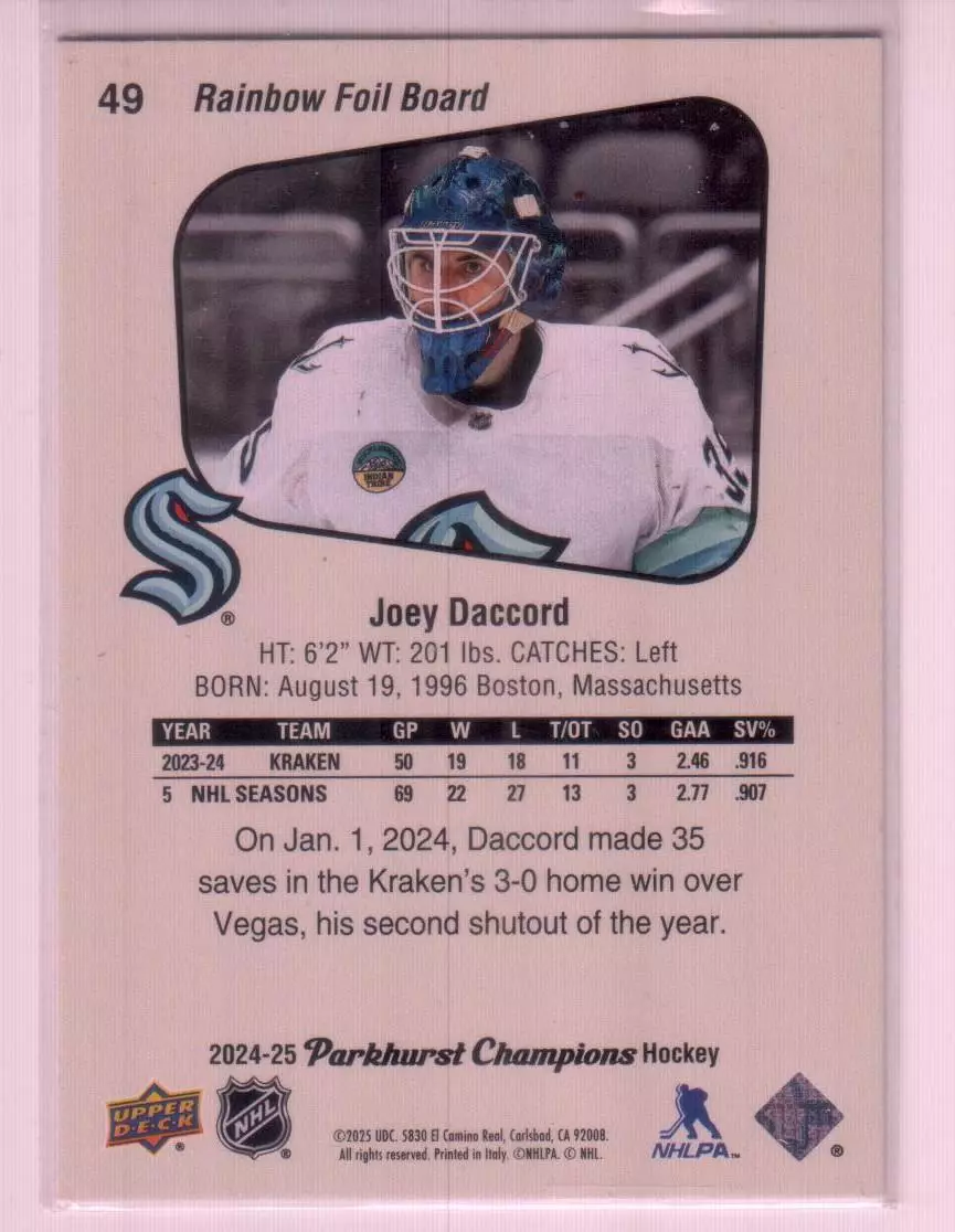 2024-25 Parkhurst Champions Rainbow Foil Board #49 Joey Daccord 1
