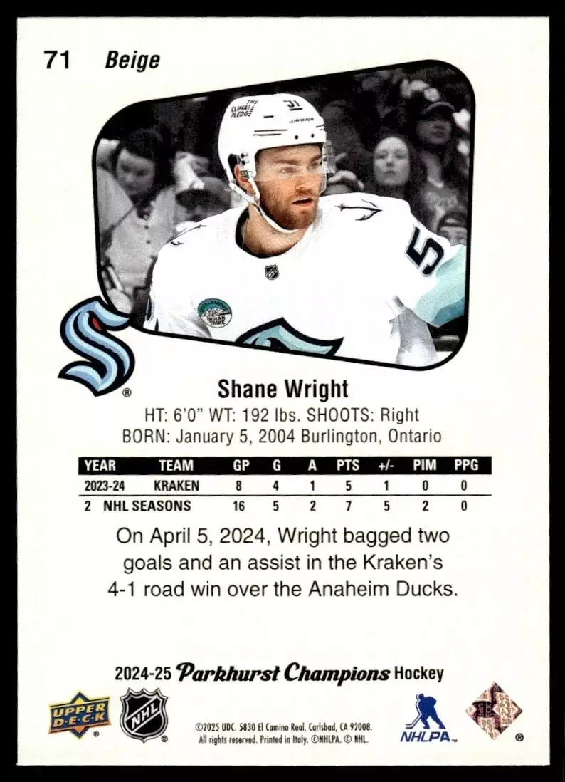 2024-25 Parkhurst Champions #71 Shane Wright 1