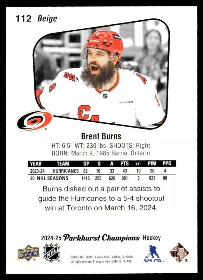 2024-25 Parkhurst Champions #112 Brent Burns 1