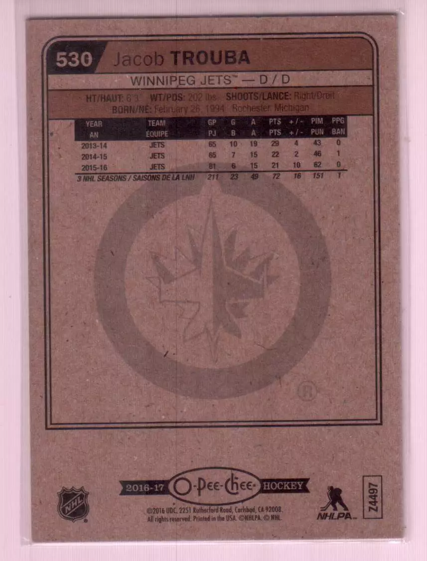 2016-17 O-Pee-Chee #530 Jacob Trouba 1