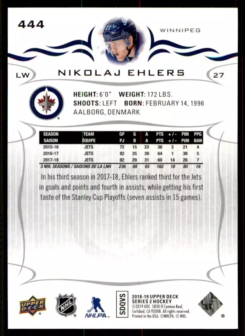2018-19 Upper Deck #444 Nikolaj Ehlers 1