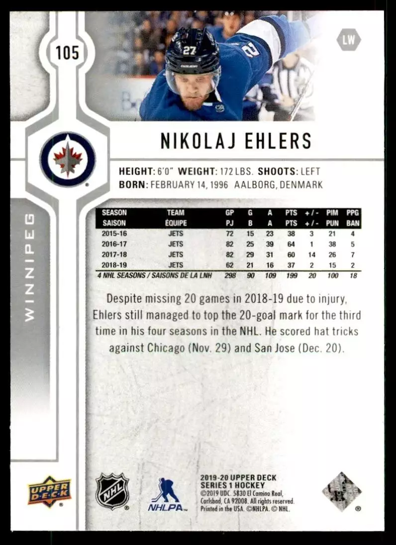 2019-20 Upper Deck #105 Nikolaj Ehlers 1