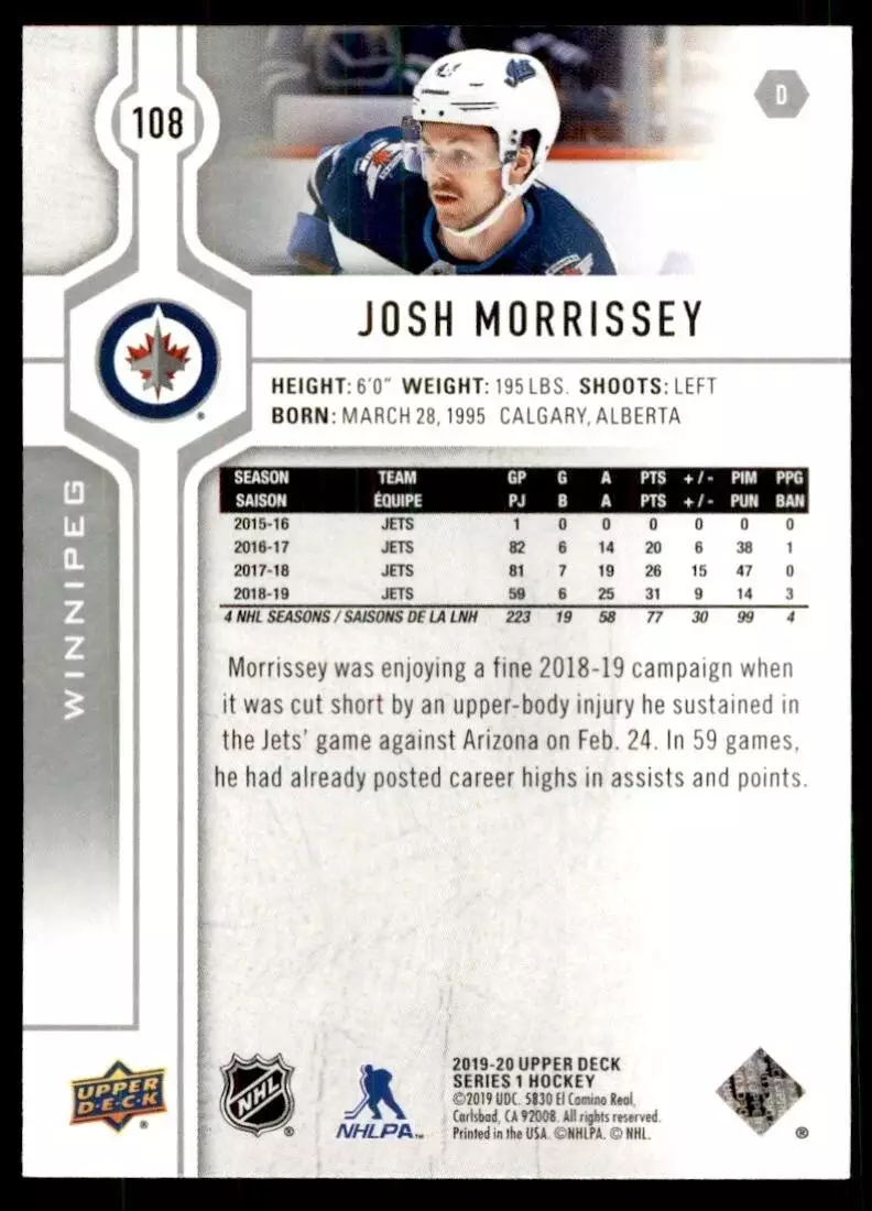 2019-20 Upper Deck #108 Josh Morrissey 1