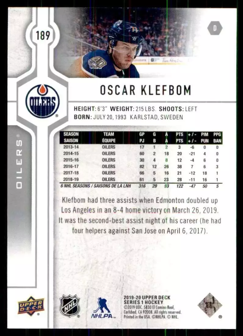 2019-20 Upper Deck #189 Oscar Klefbom 1