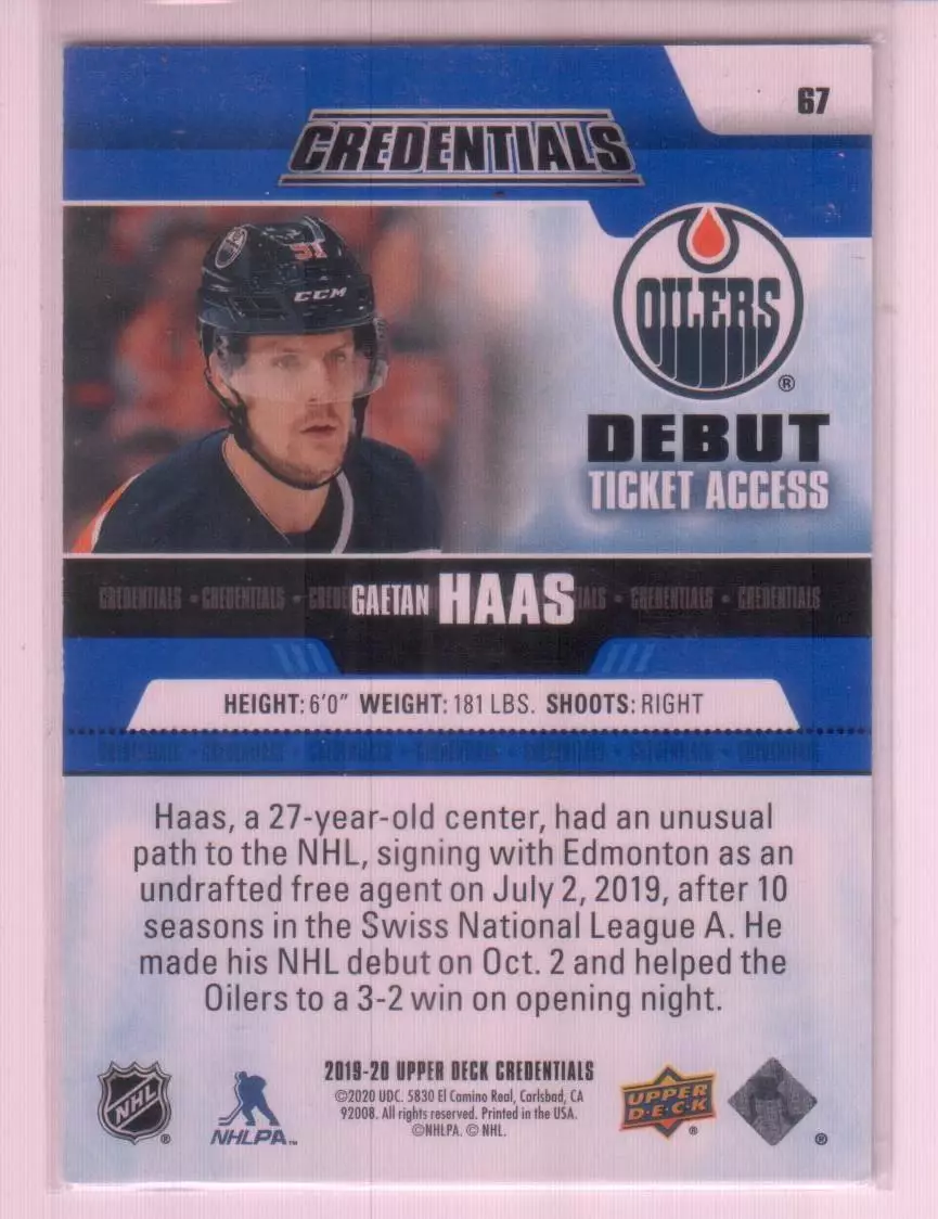 2019-20 Upper Deck Credentials #67 Gaetan Haas 340/999 RC 1