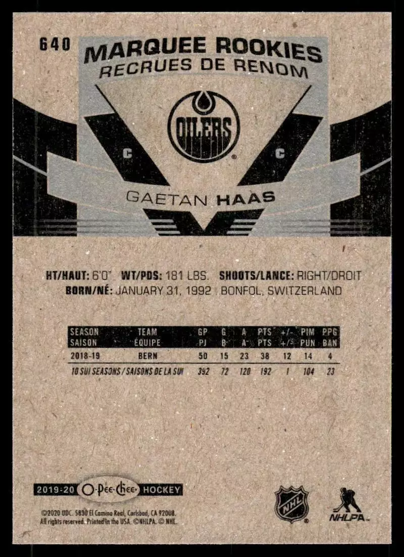 2019-20 O-Pee-Chee #640 Gaetan Haas RC 1