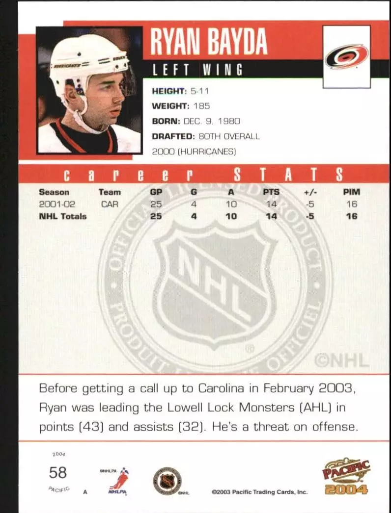 2003-04 Pacific #58 Ryan Bayda 1