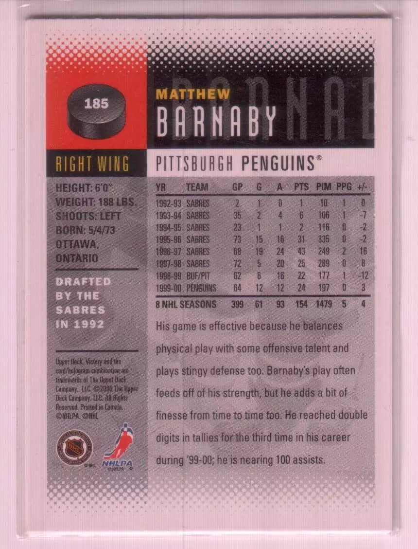 2000-01 Upper Deck Victory #185 Matthew Barnaby 1