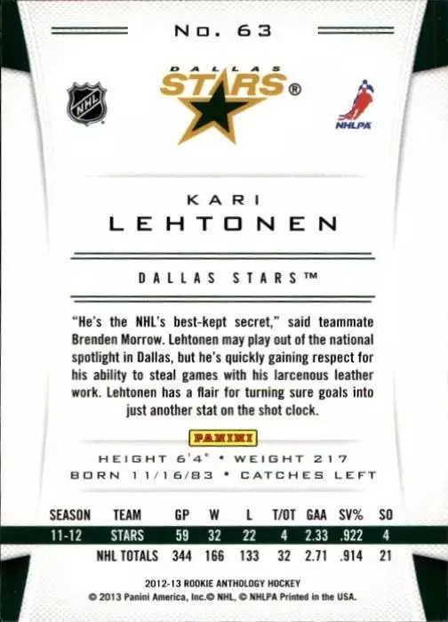 2012-13 Panini Rookie Anthology #63 Kari Lehtonen 1