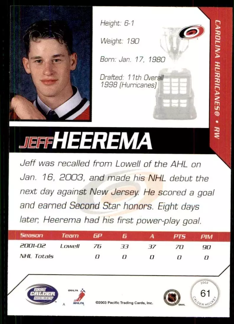 2002-03 Pacific Calder #61 Jeff Heerema 1